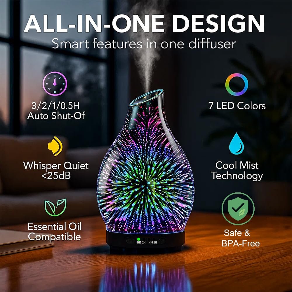 JOYOLO 120ML Aromatherapie Diffuser aus Glas, 3D-Feuerwerk-Effekt mit 7 Farben LED, Ultraschall-Luftbefeuchter mit Auto-Abschaltung und 4 Timer für Zuhause, Büro, Schlafzimmer