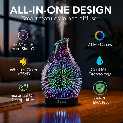 JOYOLO 120ML Aromatherapie Diffuser aus Glas, 3D-Feuerwerk-Effekt mit 7 Farben LED, Ultraschall-Luftbefeuchter mit Auto-Abschaltung und 4 Timer für Zuhause, Büro, Schlafzimmer