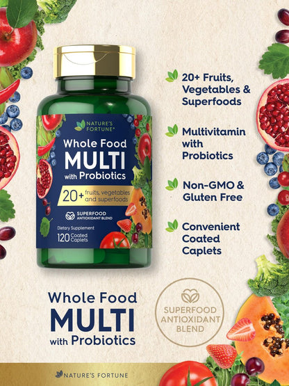 Nature's Fortune Vollwert-Multivitamin mit Probiotika | 120 überzogene Tabletten | Hergestellt mit 20 Früchten und Gemüse | Non-GMO & glutenfreies Nahrungsergänzungsmittel