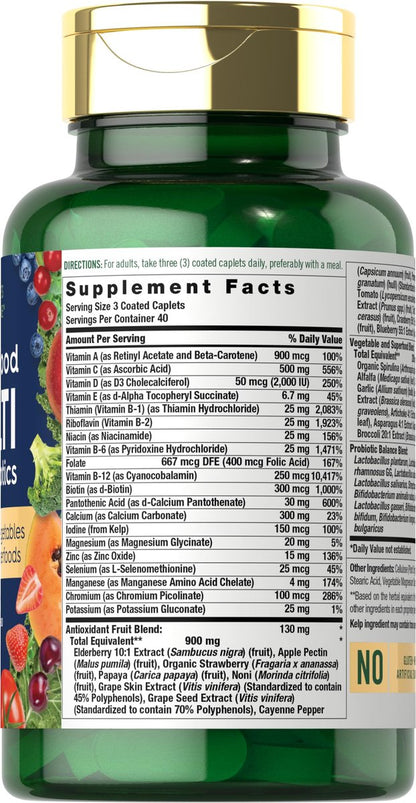 Nature's Fortune Vollwert-Multivitamin mit Probiotika | 120 überzogene Tabletten | Hergestellt mit 20 Früchten und Gemüse | Non-GMO & glutenfreies Nahrungsergänzungsmittel