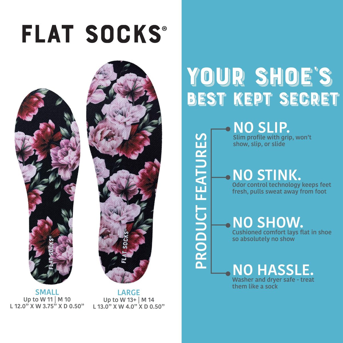 FLAT SOCKS No Show Socken – Rutschfeste Schuh-Einlegesohlen für Herren und Damen – Waschbar, Geruchsneutral – Pink Peony, Small
