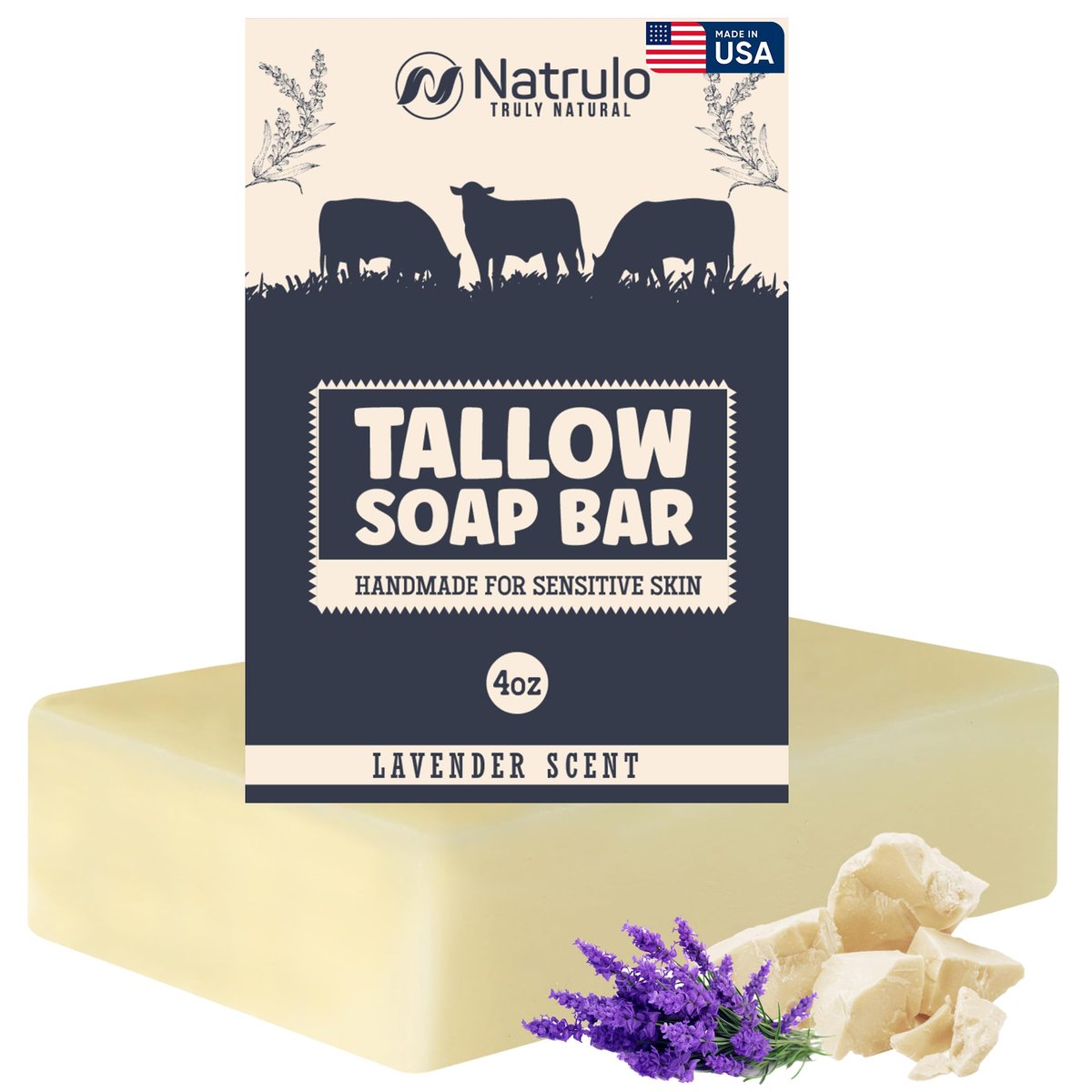 Natrulo Rindertalg-Seife Lavendel – Handgefertigte Naturseife für Gesicht & Körper, Feuchtigkeitsspendend, Ideal bei Ekzemen & trockener Haut, Hergestellt in den USA, 113 g