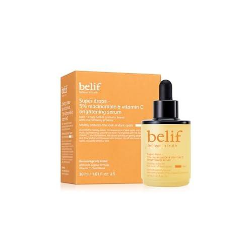 belif Niacinamid 5 % & Vitamin C Super Drops Serum – Strahlendes Serum für ungleichmäßigen Hautton mit AHA & Glutathion, Rötungen & Verbesserung von Hautunreinheiten, Koreanische Hautpflege, 30 ml