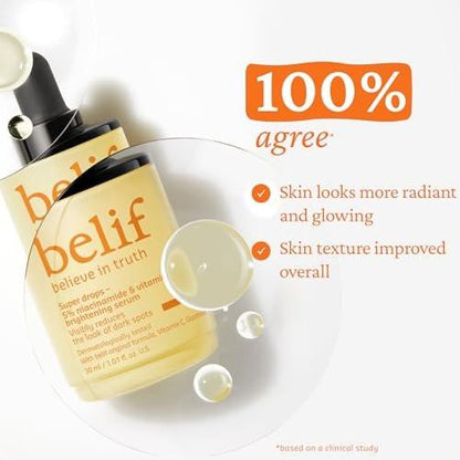 belif Niacinamid 5 % & Vitamin C Super Drops Serum – Strahlendes Serum für ungleichmäßigen Hautton mit AHA & Glutathion, Rötungen & Verbesserung von Hautunreinheiten, Koreanische Hautpflege, 30 ml