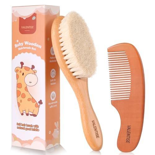 VALENTISE Baby Haarbürste und Kamm Set – Babybürste mit weichen Ziegenhaaren und Holzkamm – Holz Babybürsten Set für Neugeborene & Kleinkinder – Ideal als Bürste gegen Milchschorf