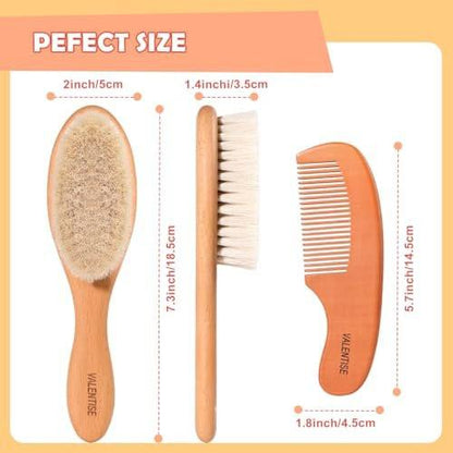 VALENTISE Baby Haarbürste und Kamm Set – Babybürste mit weichen Ziegenhaaren und Holzkamm – Holz Babybürsten Set für Neugeborene & Kleinkinder – Ideal als Bürste gegen Milchschorf