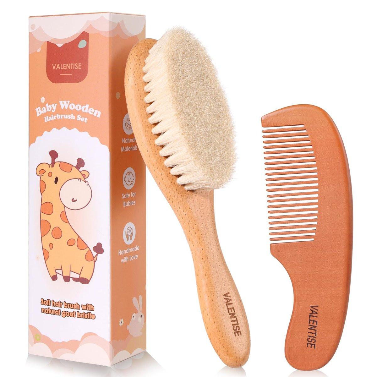 VALENTISE Baby Haarbürste und Kamm Set – Babybürste mit weichen Ziegenhaaren und Holzkamm – Holz Babybürsten Set für Neugeborene & Kleinkinder – Ideal als Bürste gegen Milchschorf