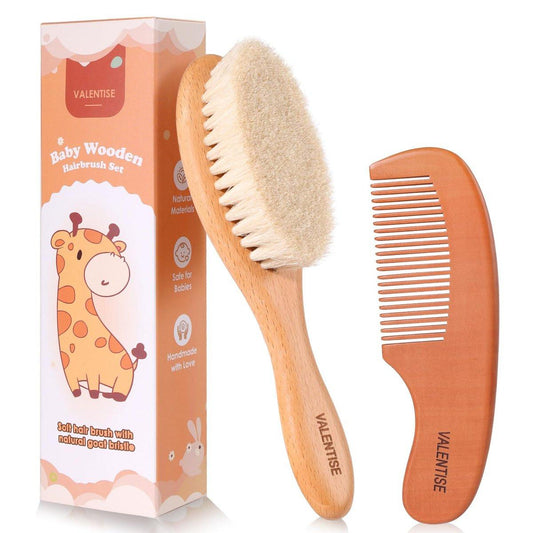 VALENTISE Baby Haarbürste und Kamm Set – Babybürste mit weichen Ziegenhaaren und Holzkamm – Holz Babybürsten Set für Neugeborene & Kleinkinder – Ideal als Bürste gegen Milchschorf