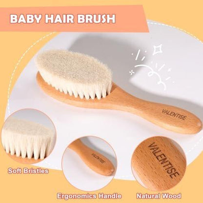 VALENTISE Baby Haarbürste und Kamm Set – Babybürste mit weichen Ziegenhaaren und Holzkamm – Holz Babybürsten Set für Neugeborene & Kleinkinder – Ideal als Bürste gegen Milchschorf