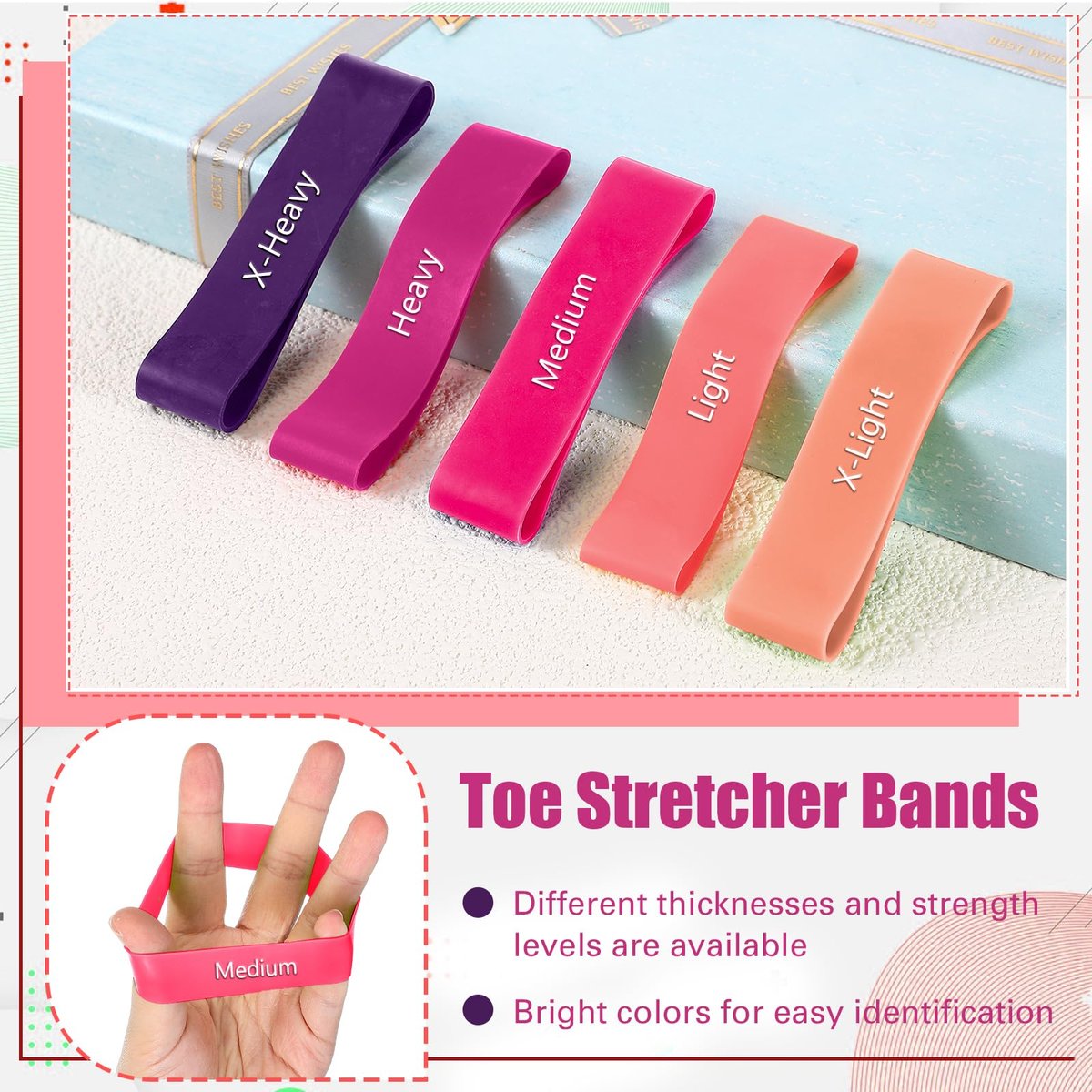 WinnerWhy Set von 5 Zehenspreizer Bänder Separator Spacer Ballenkorrektur Hallux Valgus Ausrichtung Fußstrecker Begradiger Widerstandsschleife Yoga Übung Fußpflege mit Aufbewahrungstasche (Pink)
