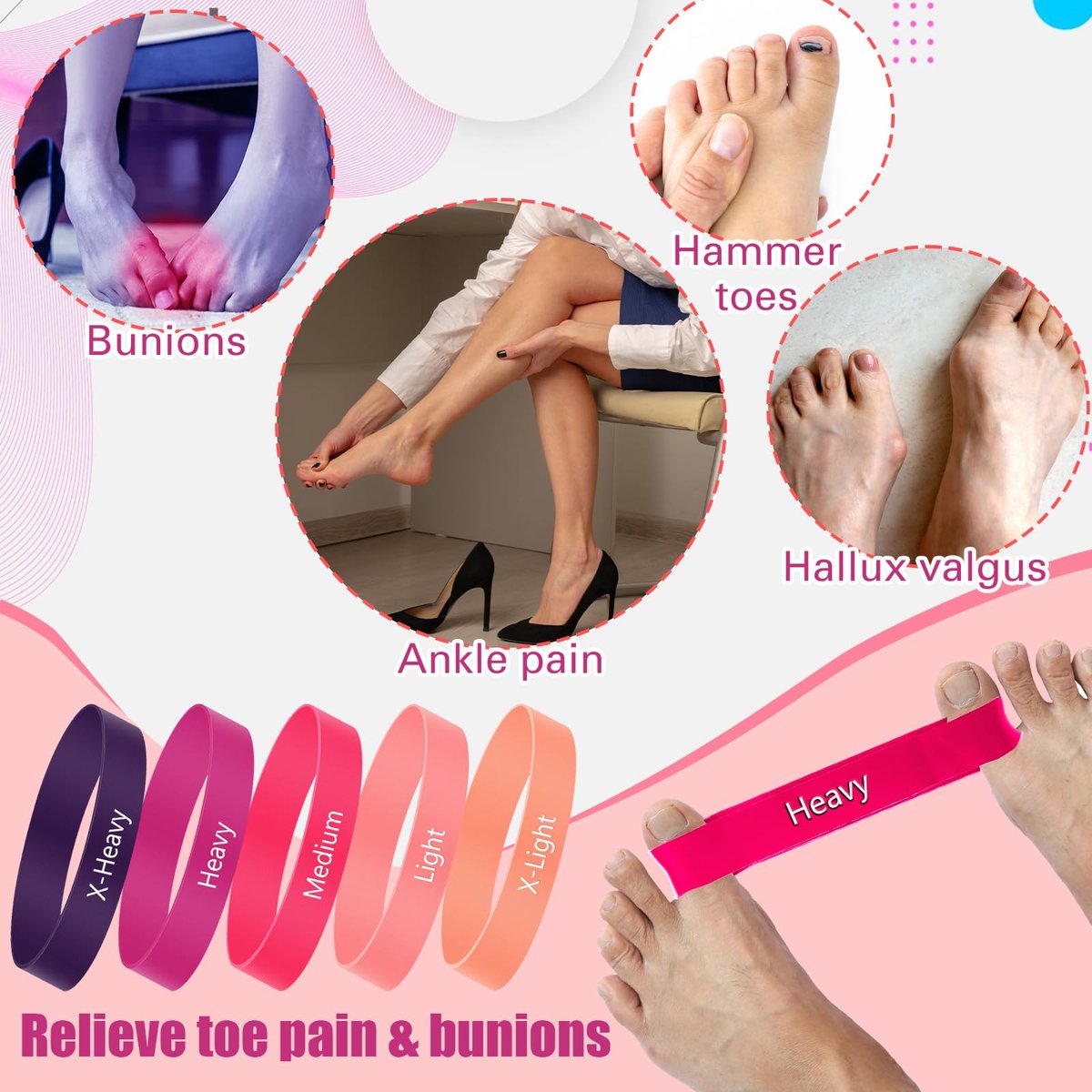 WinnerWhy Set von 5 Zehenspreizer Bänder Separator Spacer Ballenkorrektur Hallux Valgus Ausrichtung Fußstrecker Begradiger Widerstandsschleife Yoga Übung Fußpflege mit Aufbewahrungstasche (Pink)