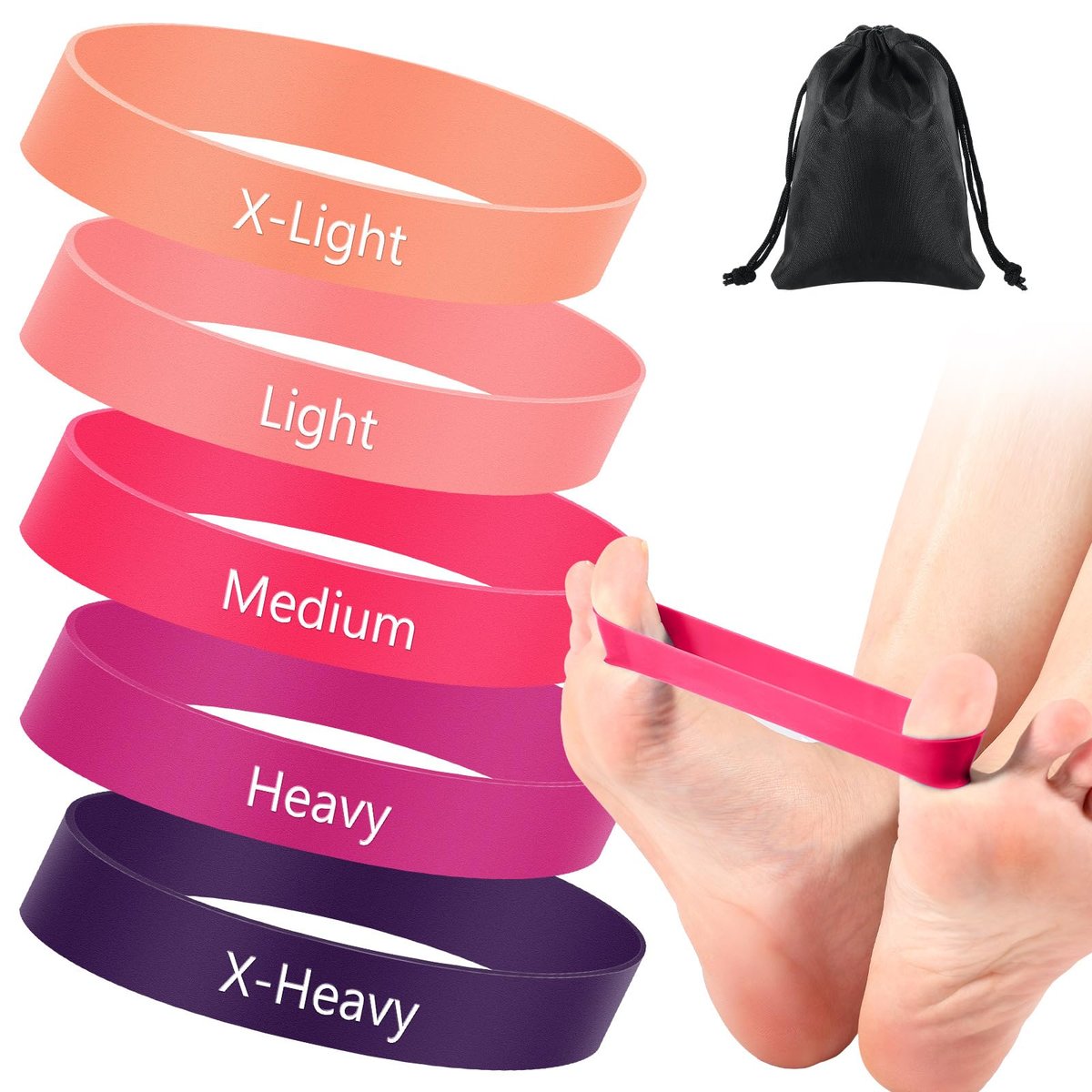 WinnerWhy Set von 5 Zehenspreizer Bänder Separator Spacer Ballenkorrektur Hallux Valgus Ausrichtung Fußstrecker Begradiger Widerstandsschleife Yoga Übung Fußpflege mit Aufbewahrungstasche (Pink)