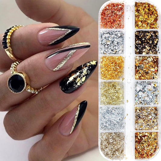 Holografischer Nagelglitter Goldfolien Set - 12 Fächer ultradünne Alufolie Nagelkunst Flakes, Glitzerpulver Acrylzubehör für DIY Maniküre, Damen