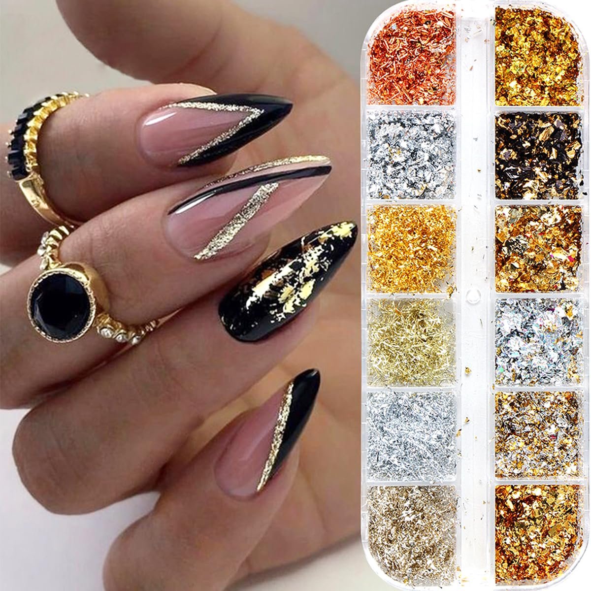 Holografischer Nagelglitter Goldfolien Set - 12 Fächer ultradünne Alufolie Nagelkunst Flakes, Glitzerpulver Acrylzubehör für DIY Maniküre, Damen