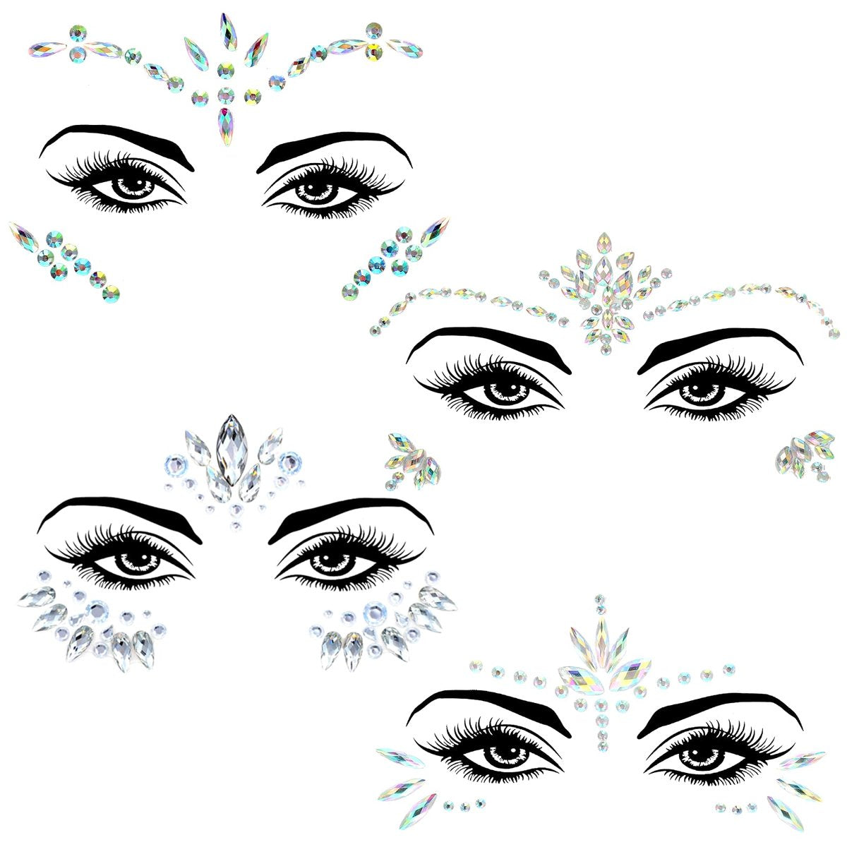 Yuanchu 4 Sets Gesichtssteine für Frauen – Selbstklebende Glitzer-Sommersprossen, Gesichtsjuwelen, temporäre Tattoo-Aufkleber für Rave, Festival, Party, Meerjungfrau, Regenbogen, Halloween-Make-up