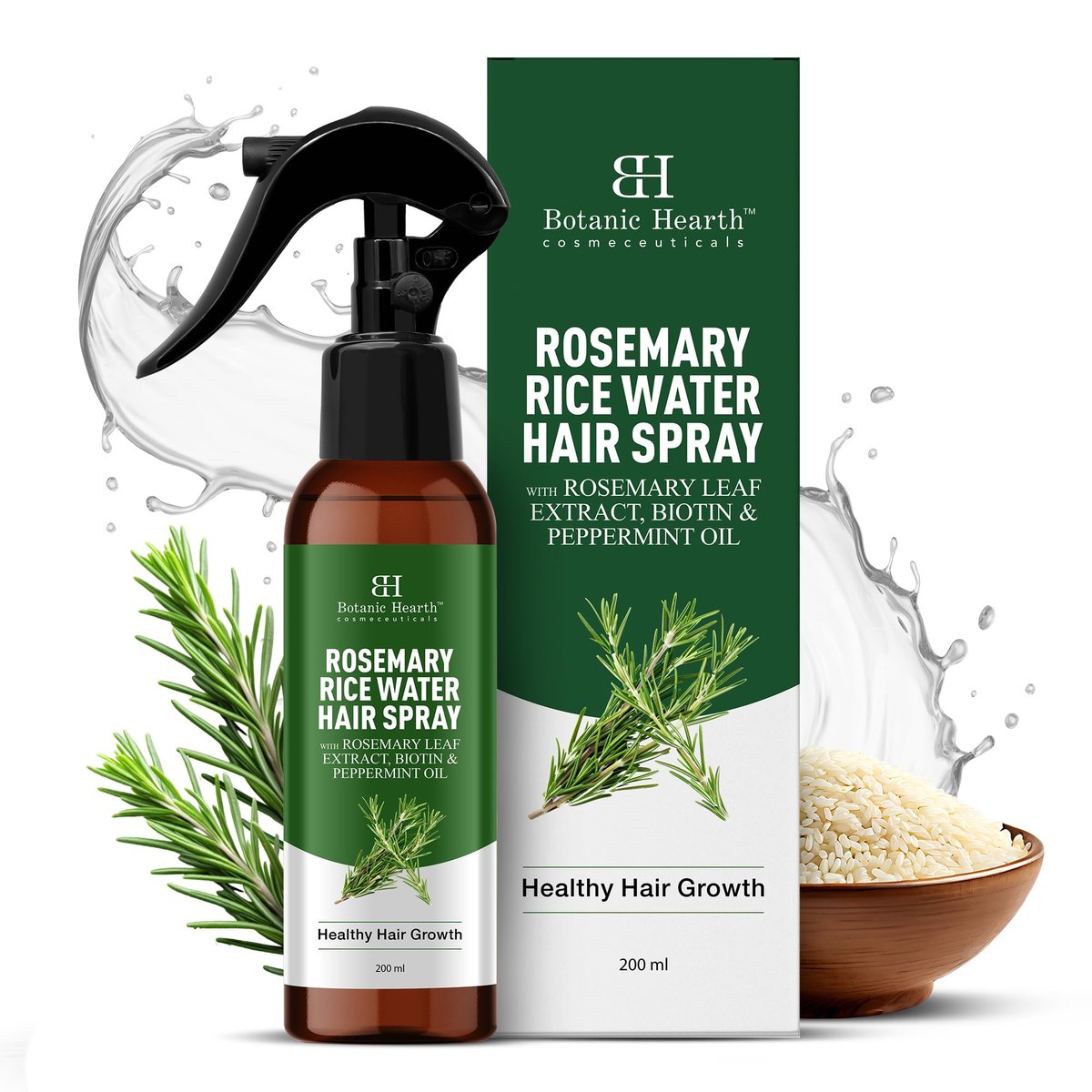 Botanic Hearth Rosmarin-Reiswasser-Spray 200 ml – Haarwachstum, Kopfhaut-Detox & feuchtigkeitsspendende Haarbehandlung gegen Ausdünnung, Juckreiz & Schuppen, sulfat- & parabenfrei