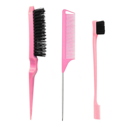 Xiangwenlan Rosa Haarbürsten Set - 3 Stück, Slick Back, Rat Tail, Teasing Comb für Kinder und Baby Haarglättung