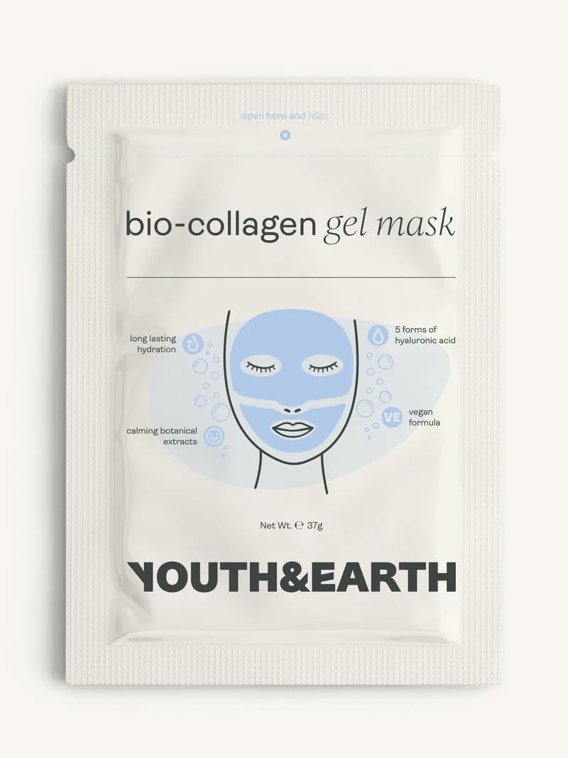 Youth & Earth Bio-Collagen Hyaluronsäure Gesichtsmaske – Tiefenhydratisierende Gel-Maske für Glas-Haut, Elastizität & Festigkeit, Koreanische Hautpflege mit Glycerin | 5er Pack