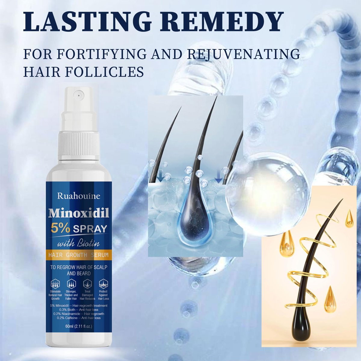 5% Minoxidil Haarwuchsspray mit Bürste für Frauen & Männer, Minoxidil Biotin für Männerbart, 60 ml / 2,11 fl.oz