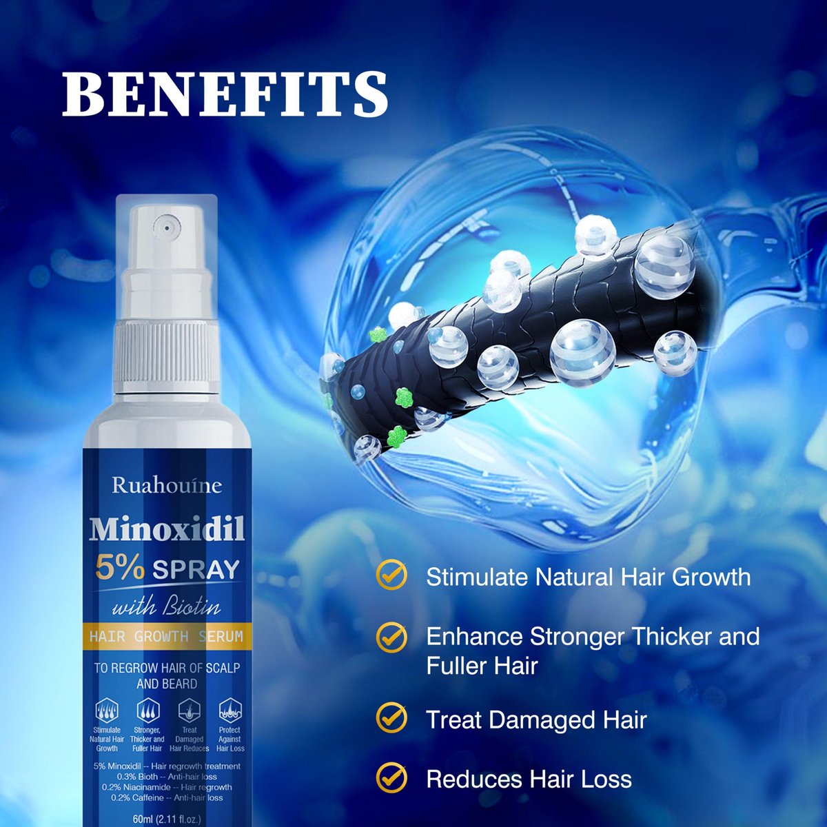 5% Minoxidil Haarwuchsspray mit Bürste für Frauen & Männer, Minoxidil Biotin für Männerbart, 60 ml / 2,11 fl.oz