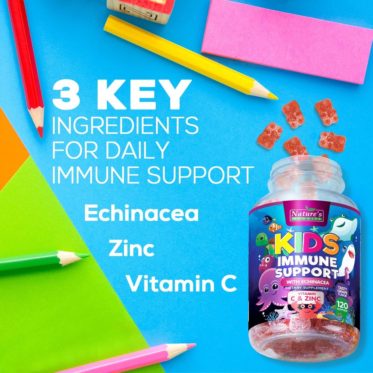 Kids Immune Support Gummies – Tägliche Vitamine C, Zink & Echinacea für Kinder ab 4 Jahren – Natürlicher Beerengeschmack, Nicht-GVO, Glutenfrei & Vegan – 120 Gummis