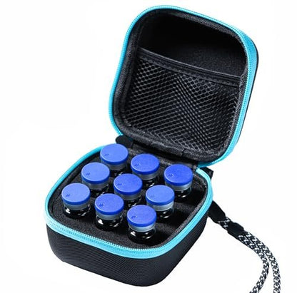 Moyite 9er Vialenhalter - Insulin Peptid Vial Case für den Kühlschrank, mit Handschlaufe, passend für 5ml 10ml Vialen für Peptid, GLP-1 und Insulin Aufbewahrung, nicht geeignet für hohe 10ml Vialen, Schwarz und Blau Reißverschluss