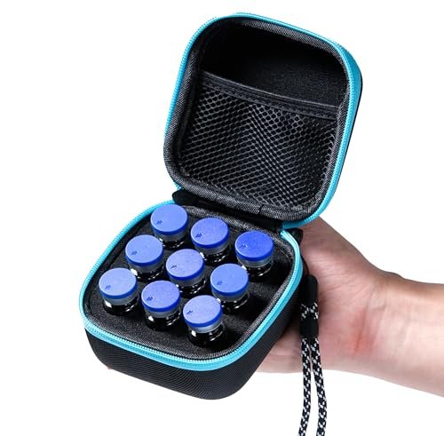 Moyite 9er Vialenhalter - Insulin Peptid Vial Case für den Kühlschrank, mit Handschlaufe, passend für 5ml 10ml Vialen für Peptid, GLP-1 und Insulin Aufbewahrung, nicht geeignet für hohe 10ml Vialen, Schwarz und Blau Reißverschluss
