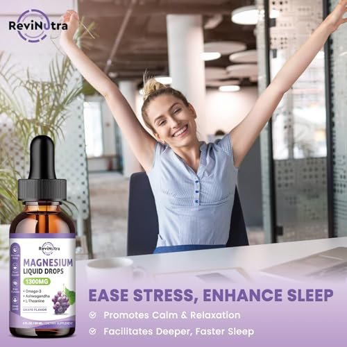 ReviNutra Triple Magnesium Complex Liquid Drops - 1300mg Magnesiumglycinat, Taurat & Citrat mit Omega-3, L-Theanin, Ashwagandha, Kalium - Unterstützt Schlaf, Nerven, Immunsystem, Energie - Traubengeschmack, 60 ml