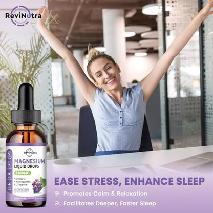 ReviNutra Triple Magnesium Complex Liquid Drops - 1300mg Magnesiumglycinat, Taurat & Citrat mit Omega-3, L-Theanin, Ashwagandha, Kalium - Unterstützt Schlaf, Nerven, Immunsystem, Energie - Traubengeschmack, 60 ml