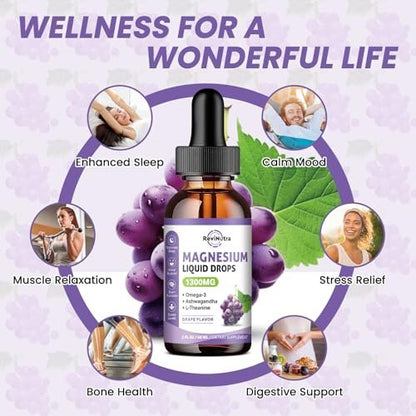 ReviNutra Triple Magnesium Complex Liquid Drops - 1300mg Magnesiumglycinat, Taurat & Citrat mit Omega-3, L-Theanin, Ashwagandha, Kalium - Unterstützt Schlaf, Nerven, Immunsystem, Energie - Traubengeschmack, 60 ml
