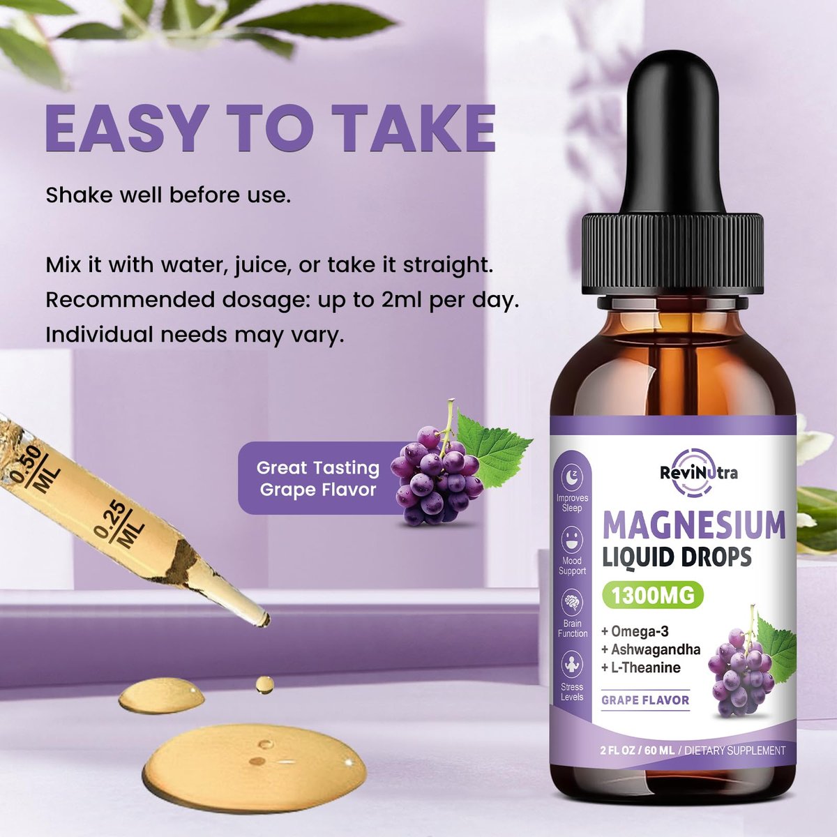 ReviNutra Triple Magnesium Complex Liquid Drops - 1300mg Magnesiumglycinat, Taurat & Citrat mit Omega-3, L-Theanin, Ashwagandha, Kalium - Unterstützt Schlaf, Nerven, Immunsystem, Energie - Traubengeschmack, 60 ml