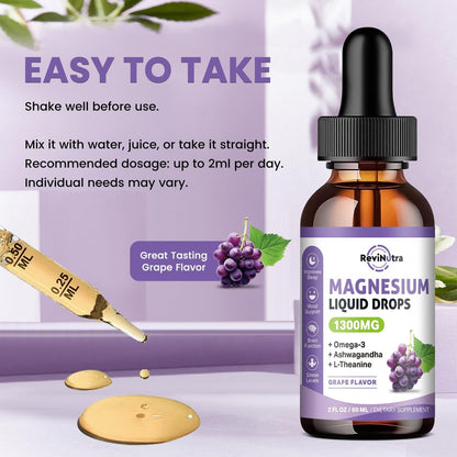 ReviNutra Triple Magnesium Complex Liquid Drops - 1300mg Magnesiumglycinat, Taurat & Citrat mit Omega-3, L-Theanin, Ashwagandha, Kalium - Unterstützt Schlaf, Nerven, Immunsystem, Energie - Traubengeschmack, 60 ml