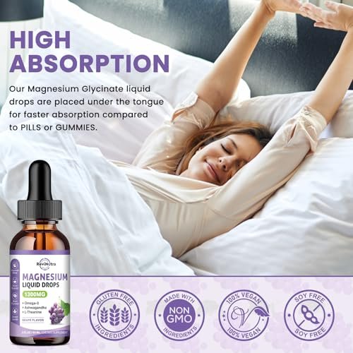 ReviNutra Triple Magnesium Complex Liquid Drops - 1300mg Magnesiumglycinat, Taurat & Citrat mit Omega-3, L-Theanin, Ashwagandha, Kalium - Unterstützt Schlaf, Nerven, Immunsystem, Energie - Traubengeschmack, 60 ml