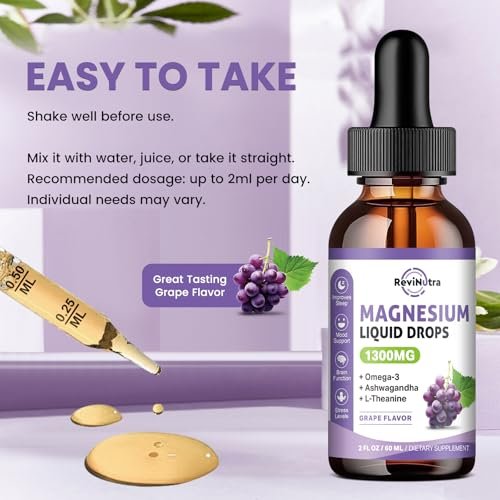 ReviNutra Triple Magnesium Complex Liquid Drops - 1300mg Magnesiumglycinat, Taurat & Citrat mit Omega-3, L-Theanin, Ashwagandha, Kalium - Unterstützt Schlaf, Nerven, Immunsystem, Energie - Traubengeschmack, 60 ml