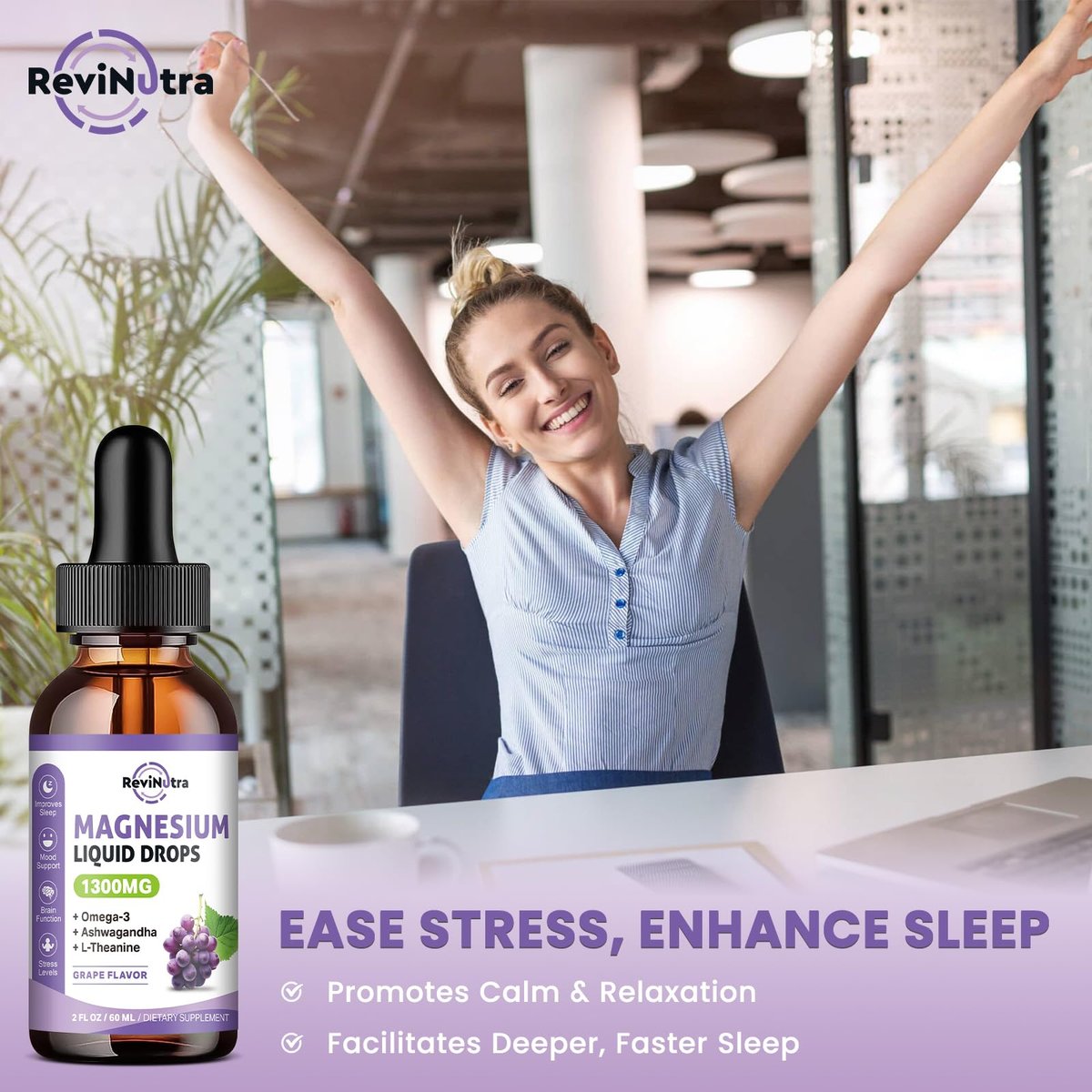 ReviNutra Triple Magnesium Complex Liquid Drops - 1300mg Magnesiumglycinat, Taurat & Citrat mit Omega-3, L-Theanin, Ashwagandha, Kalium - Unterstützt Schlaf, Nerven, Immunsystem, Energie - Traubengeschmack, 60 ml