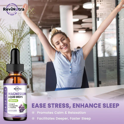 ReviNutra Triple Magnesium Complex Liquid Drops - 1300mg Magnesiumglycinat, Taurat & Citrat mit Omega-3, L-Theanin, Ashwagandha, Kalium - Unterstützt Schlaf, Nerven, Immunsystem, Energie - Traubengeschmack, 60 ml