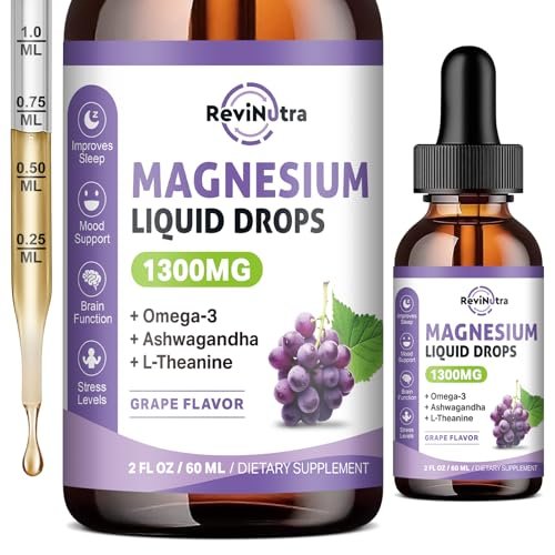ReviNutra Triple Magnesium Complex Liquid Drops - 1300mg Magnesiumglycinat, Taurat & Citrat mit Omega-3, L-Theanin, Ashwagandha, Kalium - Unterstützt Schlaf, Nerven, Immunsystem, Energie - Traubengeschmack, 60 ml