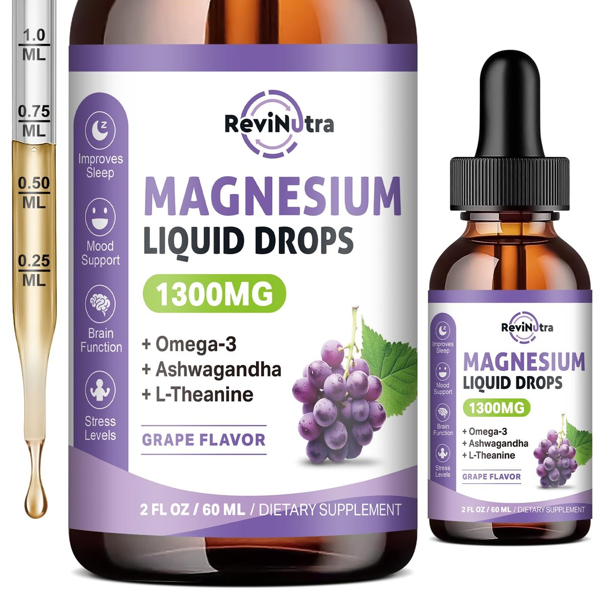 ReviNutra Triple Magnesium Complex Liquid Drops - 1300mg Magnesiumglycinat, Taurat & Citrat mit Omega-3, L-Theanin, Ashwagandha, Kalium - Unterstützt Schlaf, Nerven, Immunsystem, Energie - Traubengeschmack, 60 ml