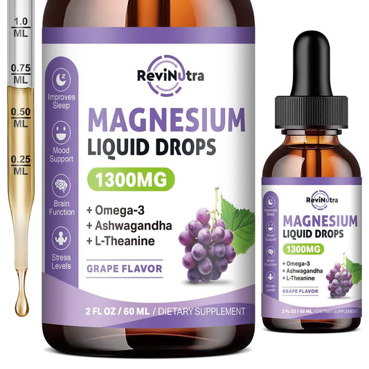 ReviNutra Triple Magnesium Complex Liquid Drops - 1300mg Magnesiumglycinat, Taurat & Citrat mit Omega-3, L-Theanin, Ashwagandha, Kalium - Unterstützt Schlaf, Nerven, Immunsystem, Energie - Traubengeschmack, 60 ml