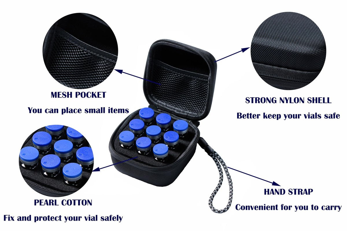 Moyite 9er Vialenhalter, Insulin Peptid Vial Case für den Kühlschrank, mit Handschlaufe, passend für 5ml 10ml Vial für Peptid, GLP-1 Aufbewahrung, nicht geeignet für hohe 10ml Vials, Schwarz