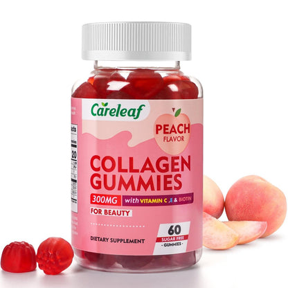 careleaf Zuckerfreie Kollagen-Gummis mit Vitamin C und E – Unterstützt natürliche Kollagenproduktion, gesunde Haare, Nägel und Knochen, Pfirsichgeschmack, 60 Gummis für 30 Tage
