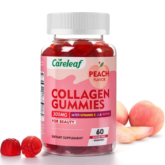 careleaf Zuckerfreie Kollagen-Gummis mit Vitamin C und E – Unterstützt natürliche Kollagenproduktion, gesunde Haare, Nägel und Knochen, Pfirsichgeschmack, 60 Gummis für 30 Tage
