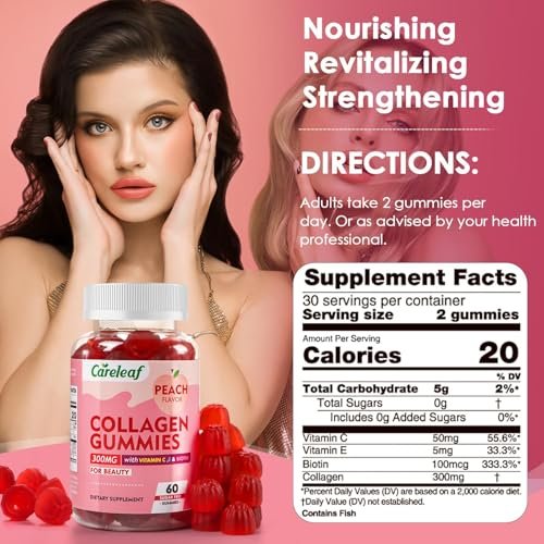 careleaf Zuckerfreie Kollagen-Gummis mit Vitamin C und E – Unterstützt natürliche Kollagenproduktion, gesunde Haare, Nägel und Knochen, Pfirsichgeschmack, 60 Gummis für 30 Tage
