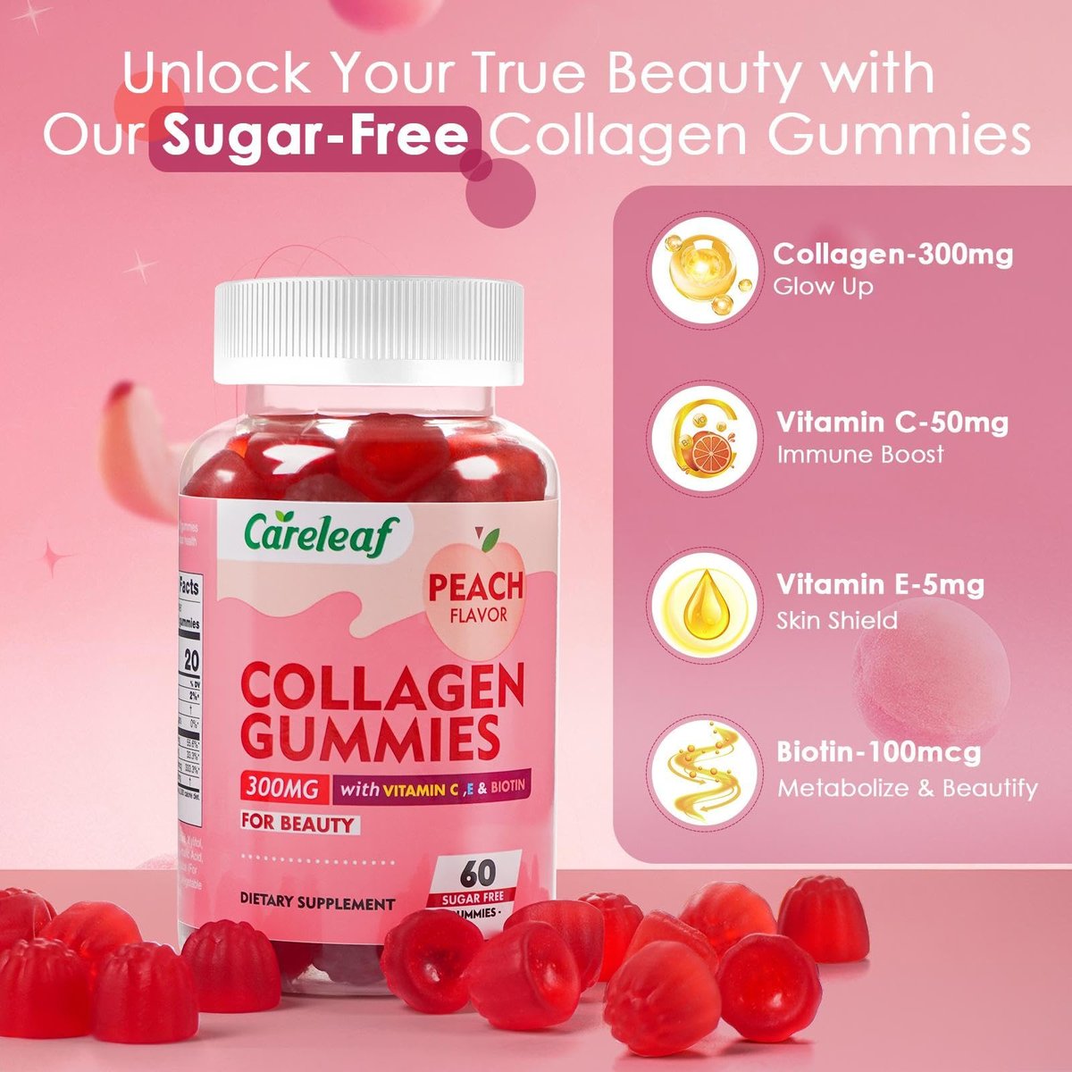 careleaf Zuckerfreie Kollagen-Gummis mit Vitamin C und E – Unterstützt natürliche Kollagenproduktion, gesunde Haare, Nägel und Knochen, Pfirsichgeschmack, 60 Gummis für 30 Tage