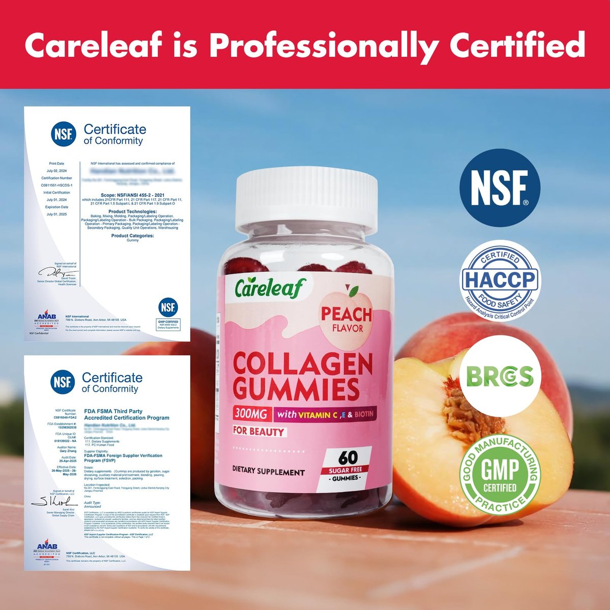 careleaf Zuckerfreie Kollagen-Gummis mit Vitamin C und E – Unterstützt natürliche Kollagenproduktion, gesunde Haare, Nägel und Knochen, Pfirsichgeschmack, 60 Gummis für 30 Tage