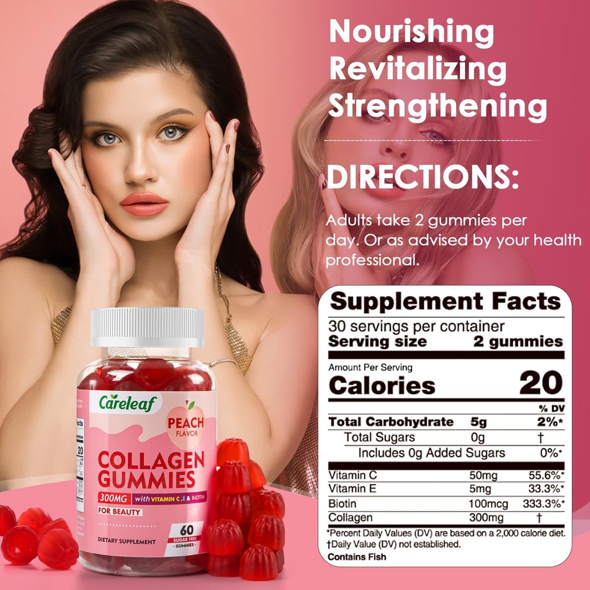 careleaf Zuckerfreie Kollagen-Gummis mit Vitamin C und E – Unterstützt natürliche Kollagenproduktion, gesunde Haare, Nägel und Knochen, Pfirsichgeschmack, 60 Gummis für 30 Tage
