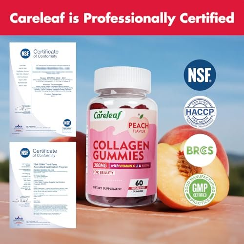 careleaf Zuckerfreie Kollagen-Gummis mit Vitamin C und E – Unterstützt natürliche Kollagenproduktion, gesunde Haare, Nägel und Knochen, Pfirsichgeschmack, 60 Gummis für 30 Tage