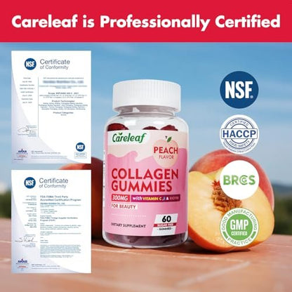 careleaf Zuckerfreie Kollagen-Gummis mit Vitamin C und E – Unterstützt natürliche Kollagenproduktion, gesunde Haare, Nägel und Knochen, Pfirsichgeschmack, 60 Gummis für 30 Tage