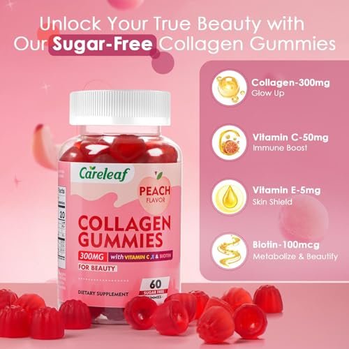 careleaf Zuckerfreie Kollagen-Gummis mit Vitamin C und E – Unterstützt natürliche Kollagenproduktion, gesunde Haare, Nägel und Knochen, Pfirsichgeschmack, 60 Gummis für 30 Tage