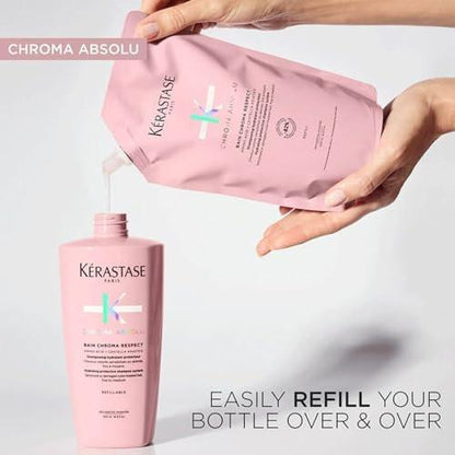 Kérastase Chroma Absolue Chroma Respect Shampoo Nachfüllbeutel – Farbschutz & Feuchtigkeit für sensibilisiertes oder geschädigtes coloriertes Haar (fein bis mittel) mit Glycerin & Hyaluronsäure, 500 ml